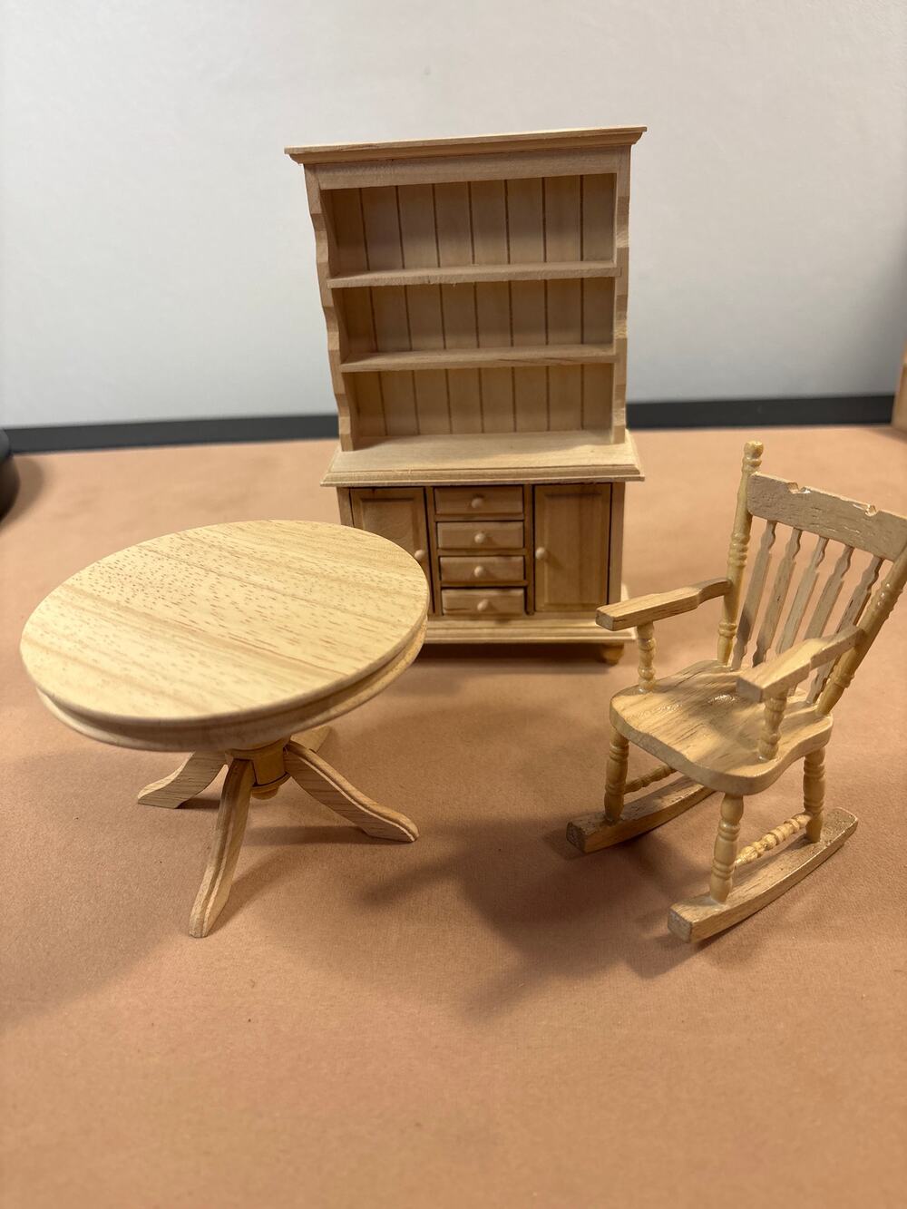 Miniature Dollhouse UNFINISHED Wood Furniture Hutch Table Rocking Chair 1:12